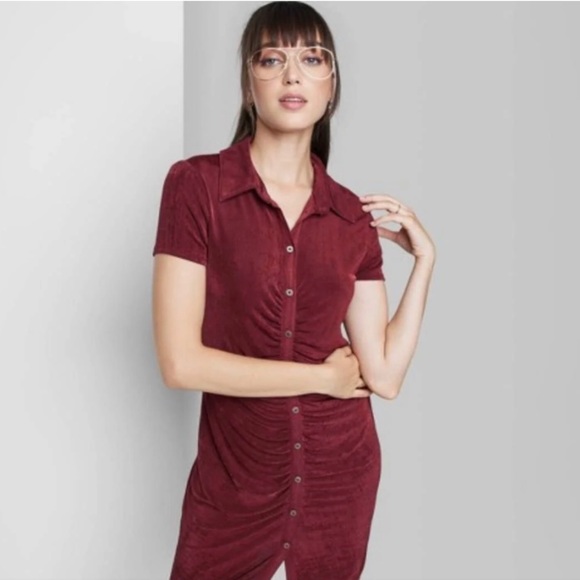 Wild Fable  Women Berry Red Short Sleeve Button Front Bodycon Dress - Picture 2 of 9